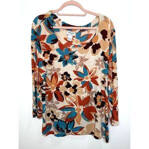 Chicos Travelers Women Top 3 XL 16 3/4 Sleeves Floral Scoop Neck Art To Wear USA
